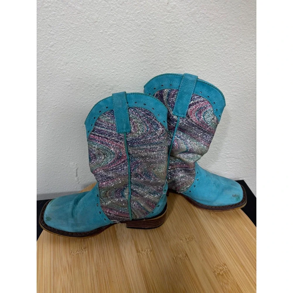 Roper Boots Girl Toddler 10 Glitter Swirl Blue Western Cowboy Sparkly Faux Suede